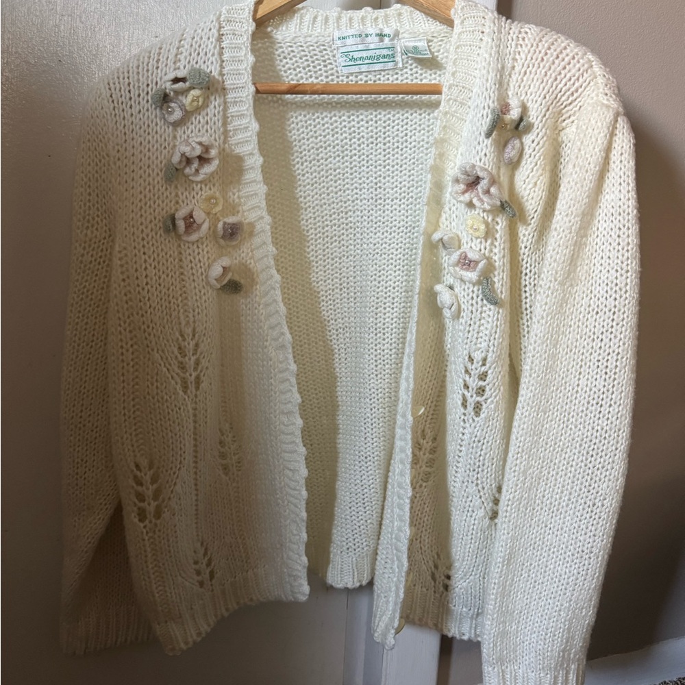 Ivory Floral Knit Cardigan by Bernat